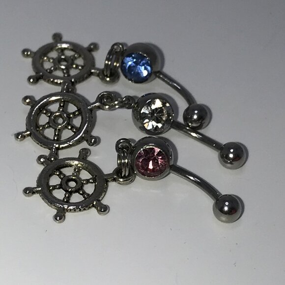 Pink Gem Nautical Wheel Design Dangle Belly Ring - Picture 11 of 12